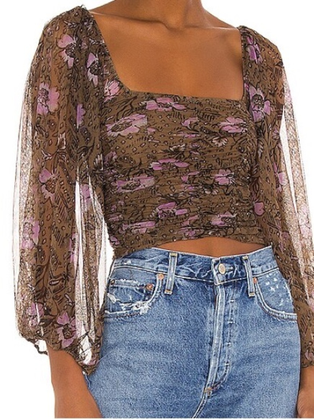 Free People Lilia Top in Olive‎ Combo Puff Sleeve
